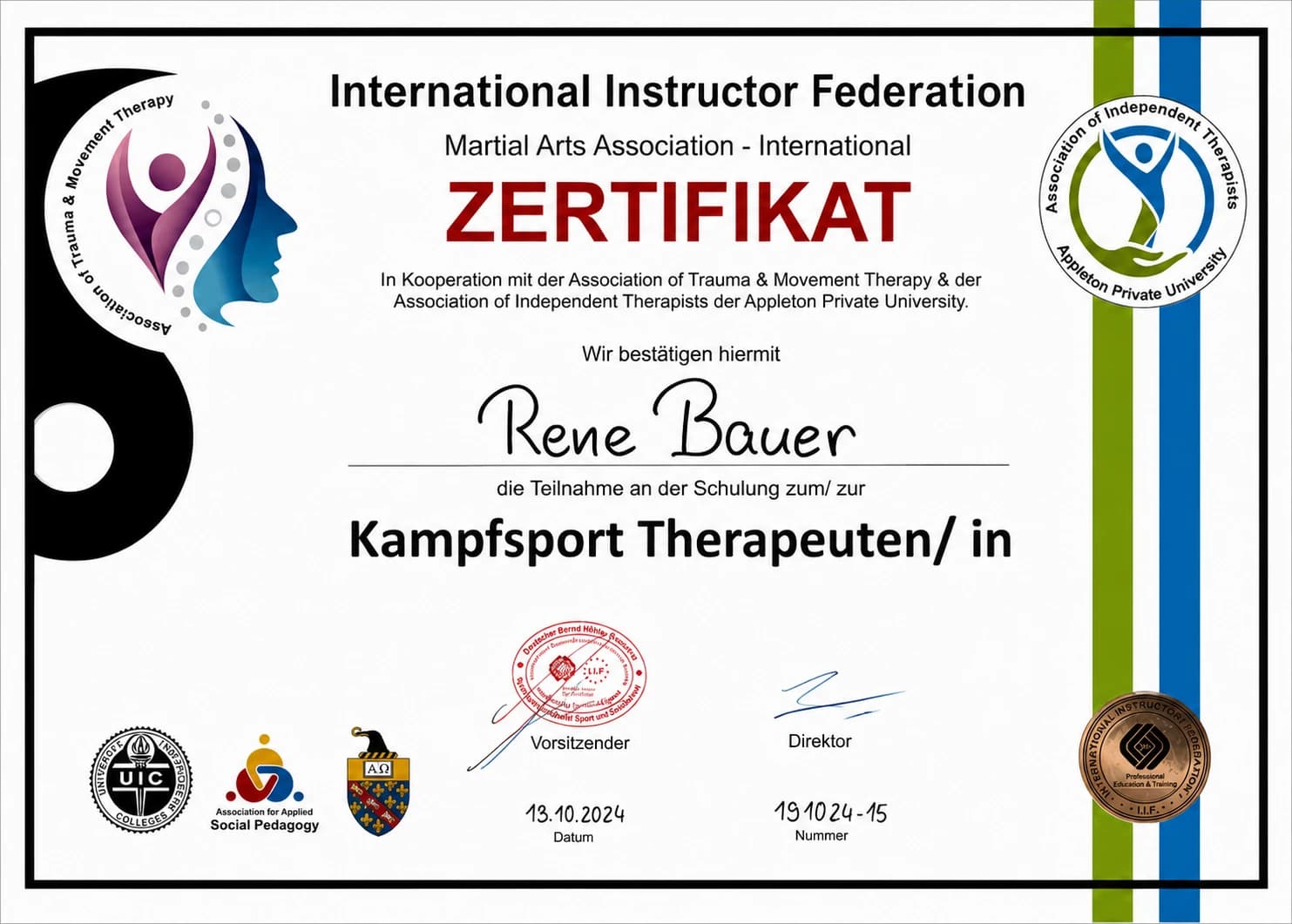 Zertifikat über die Teilnahme von Rene Bauer an der Schulung zum Kampfsport-Therapeuten