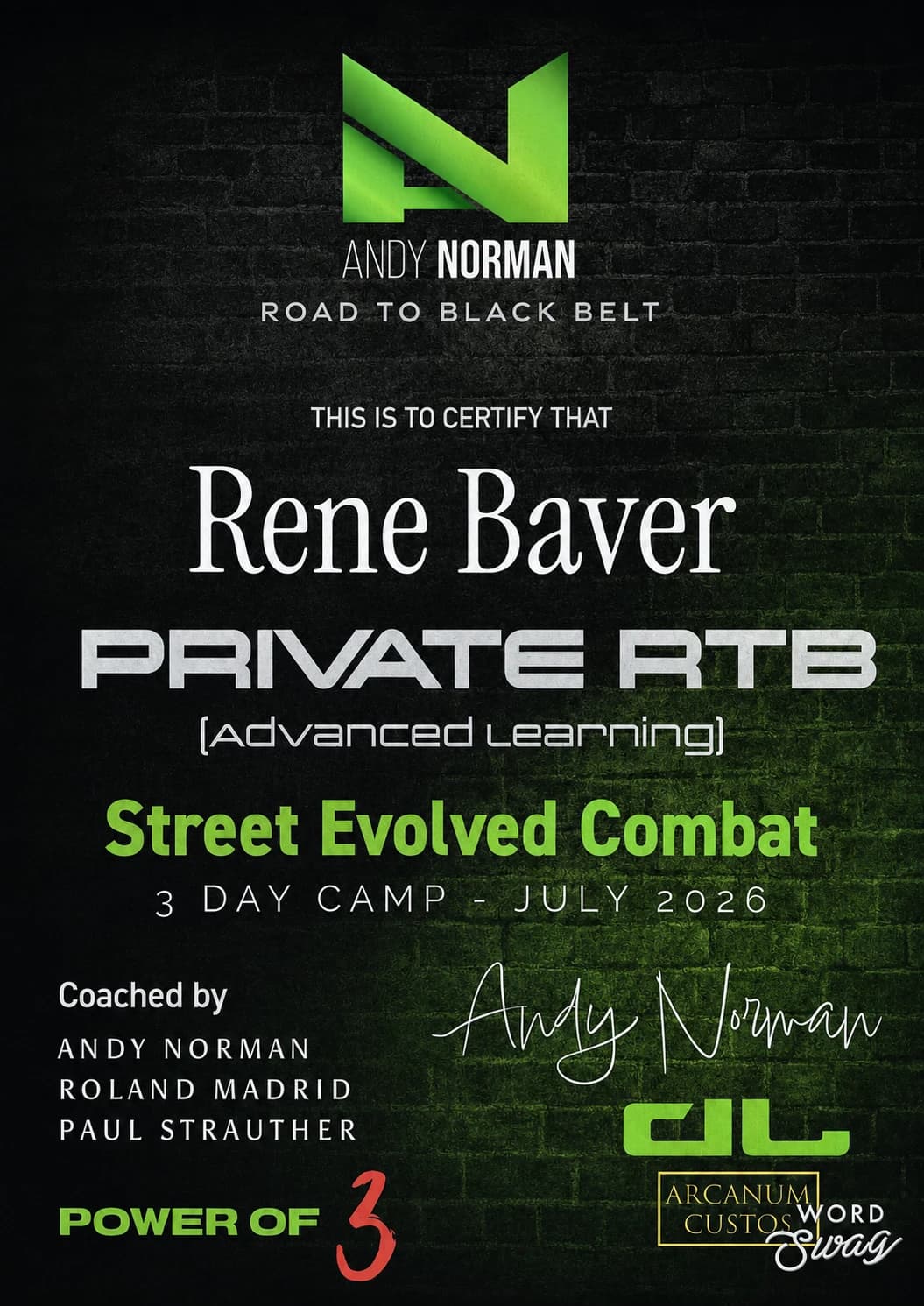 Private-RTB-Zertifikat für Rene Bauer für das Street-Evolved-Combat-Camp 2026