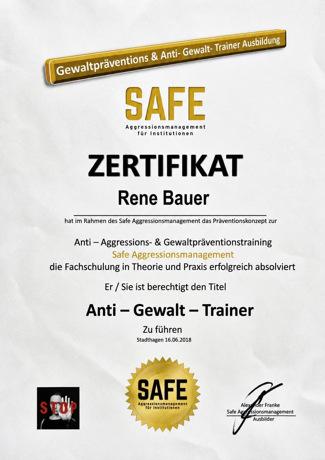 SAFE-Zertifikat für Rene Bauer als Anti-Gewalt-Trainer