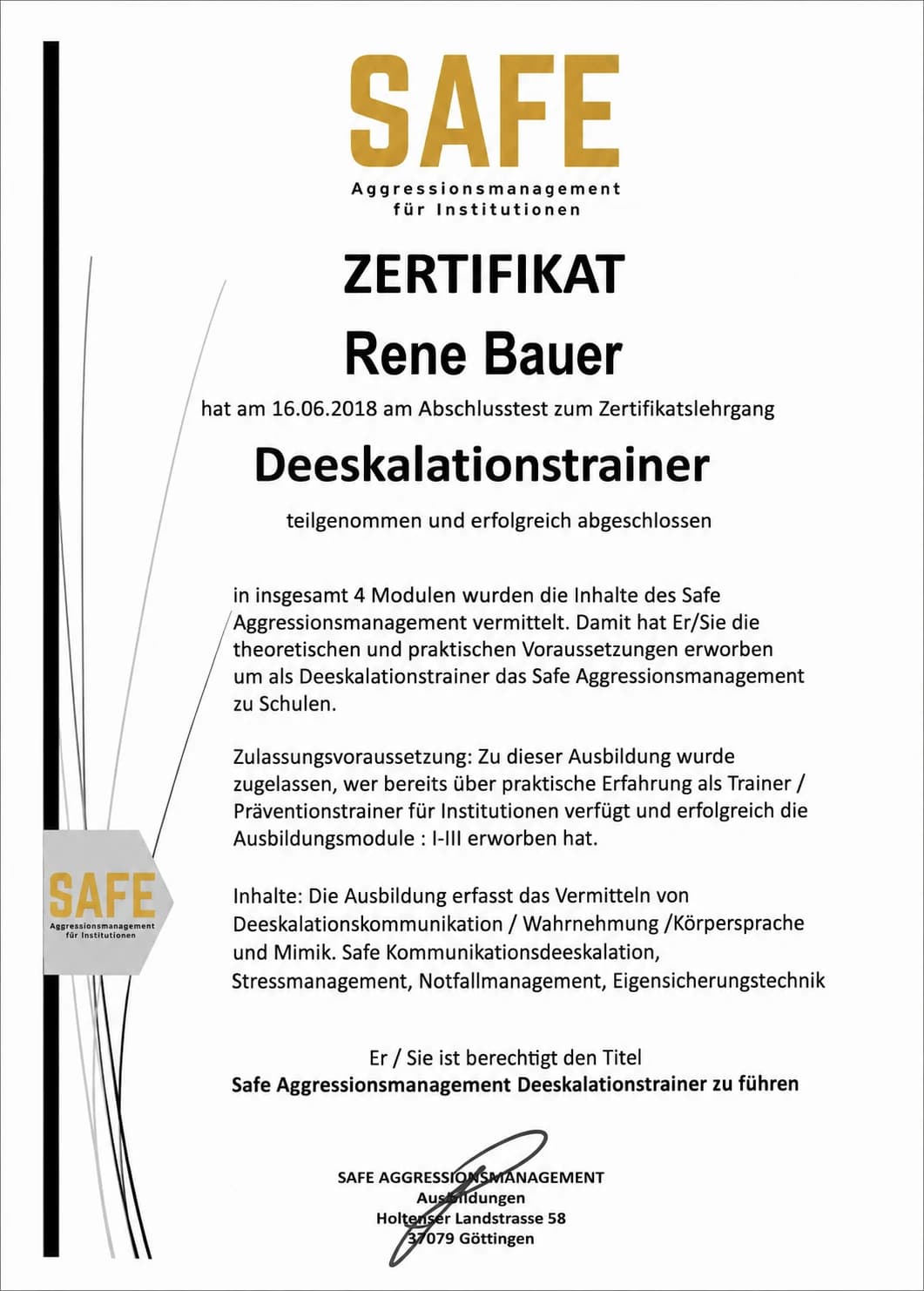 SAFE-Zertifikat für Rene Bauer als Deeskalationstrainer