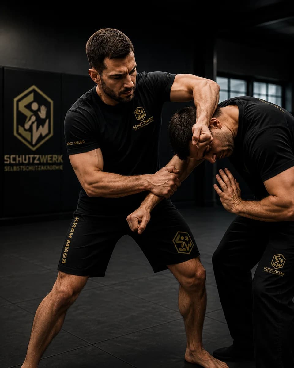 Zwei Trainingspartner üben eine kontrollierte Krav-Maga-Fixierung.